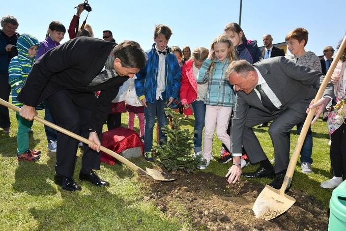 Predsednik republike z učenci 2. osnovne šole Slovenska Bistrica ob Dnevu zemlje pred šolo posadil Brinarjevo jelko, avtohtono slovensko drevesno vrsto